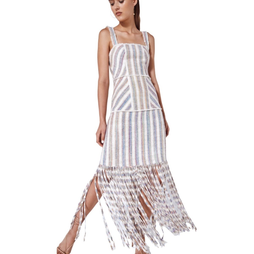 Alexis Lizzie Dress Sz L Boho Striped Cotton Silk Fringe Midi Dress Natural